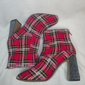 Betsey Johnson Blanche Red and Black Plaid Rhinestone Heeled Bootie NWOT SZ 9